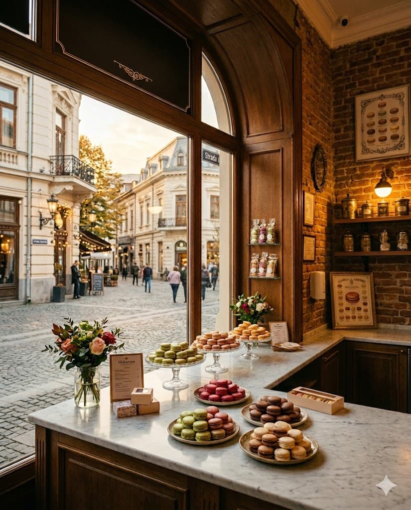 Mokarons boutique in Bucharest — warm golden light through the window, macarons displayed on marble, the city's old-town charm outside