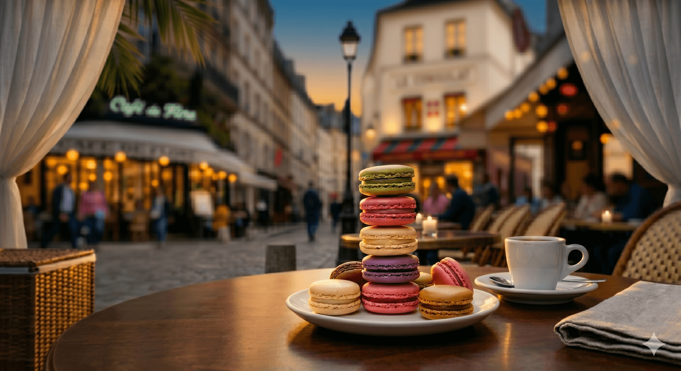 Close-up of hands carefully placing a golden macaron into an open box, shallow depth of field, warm ambient light