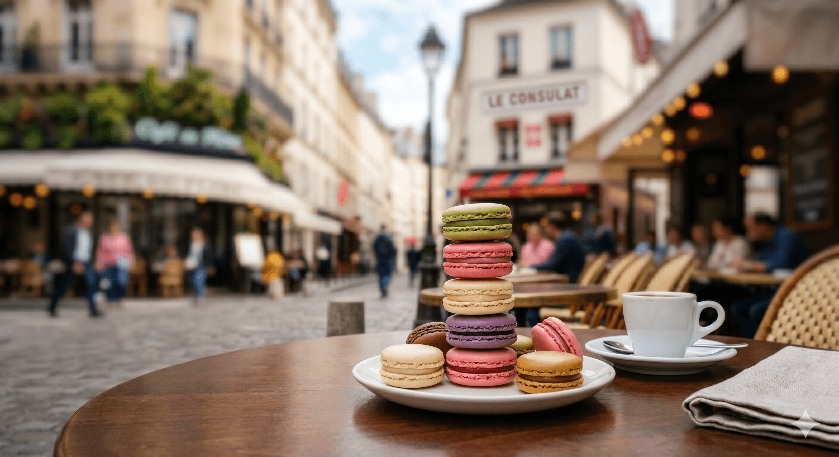 Our Paris atelier — morning light falling across a marble workbench, copper mixing bowls, a pastry chef piping macaron shells